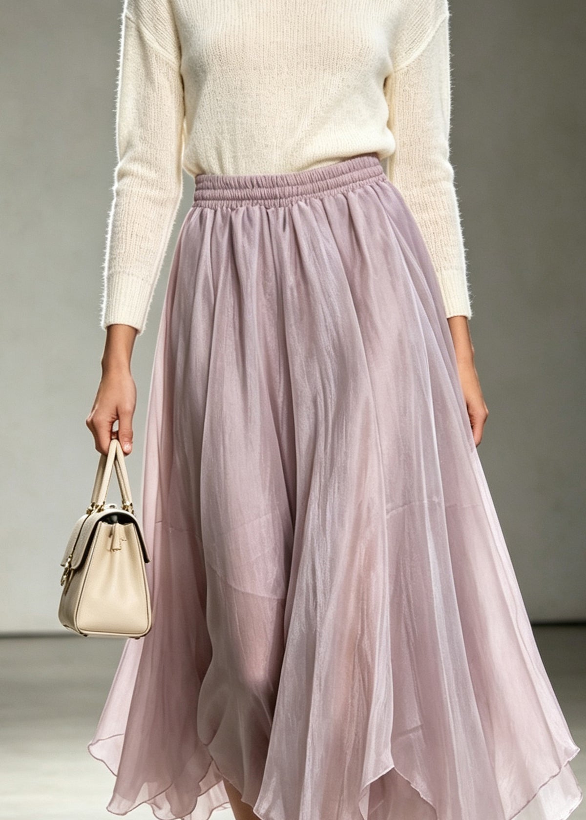 Classy Light Purple Asymmetrical Elastic Waist Tulle Skirts Fall