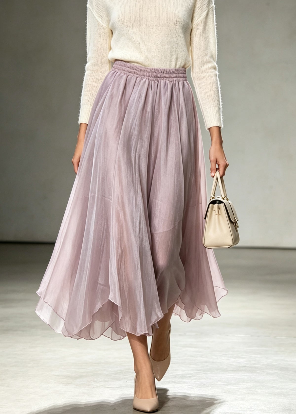 Classy Light Purple Asymmetrical Elastic Waist Tulle Skirts Fall