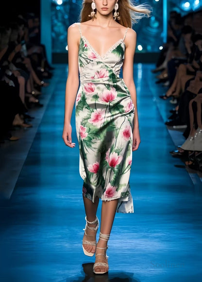 Classy Lotus Flower Print Silm Fit Spaghetti Strap Dress Summer