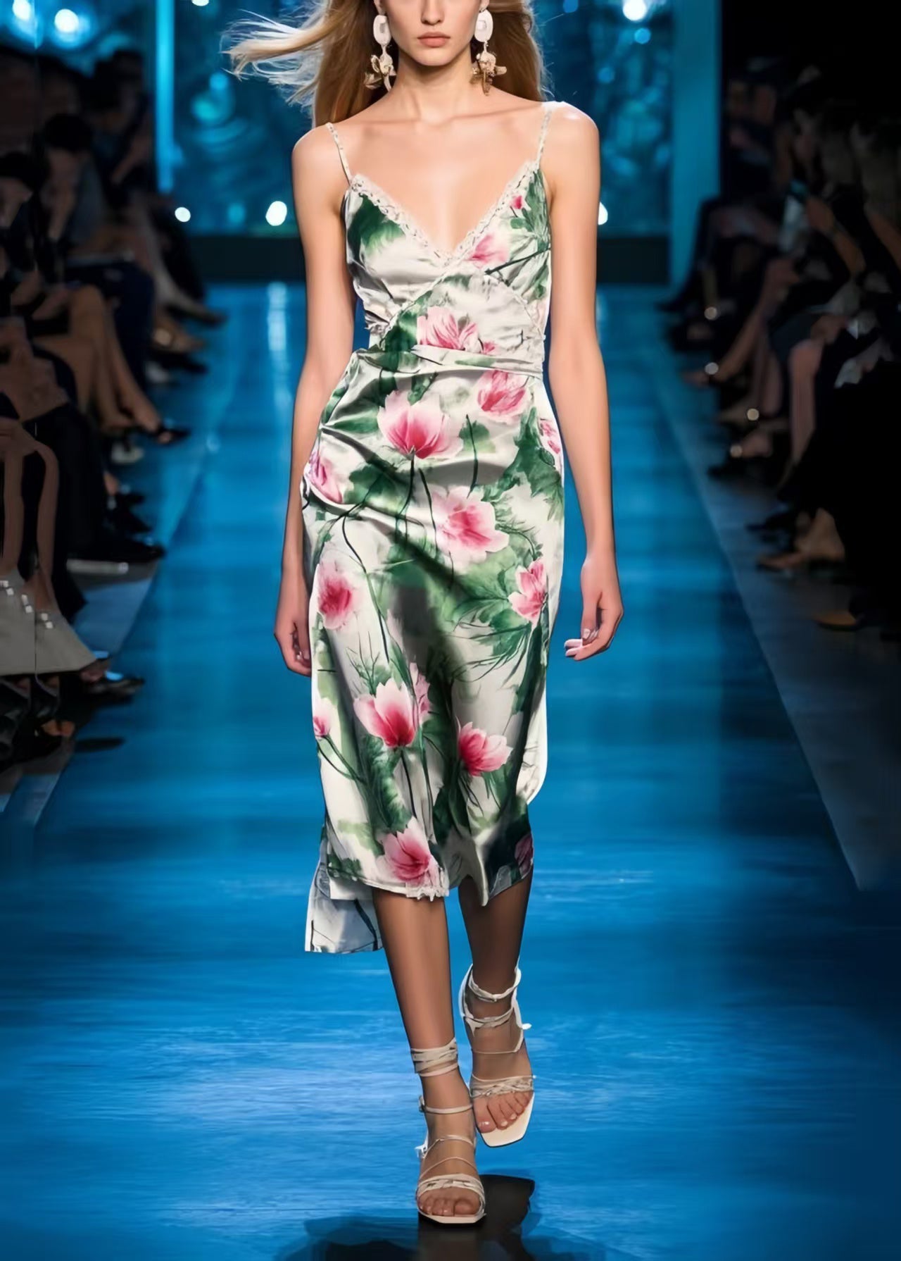 Classy Lotus Flower Print Silm Fit Spaghetti Strap Dress Summer