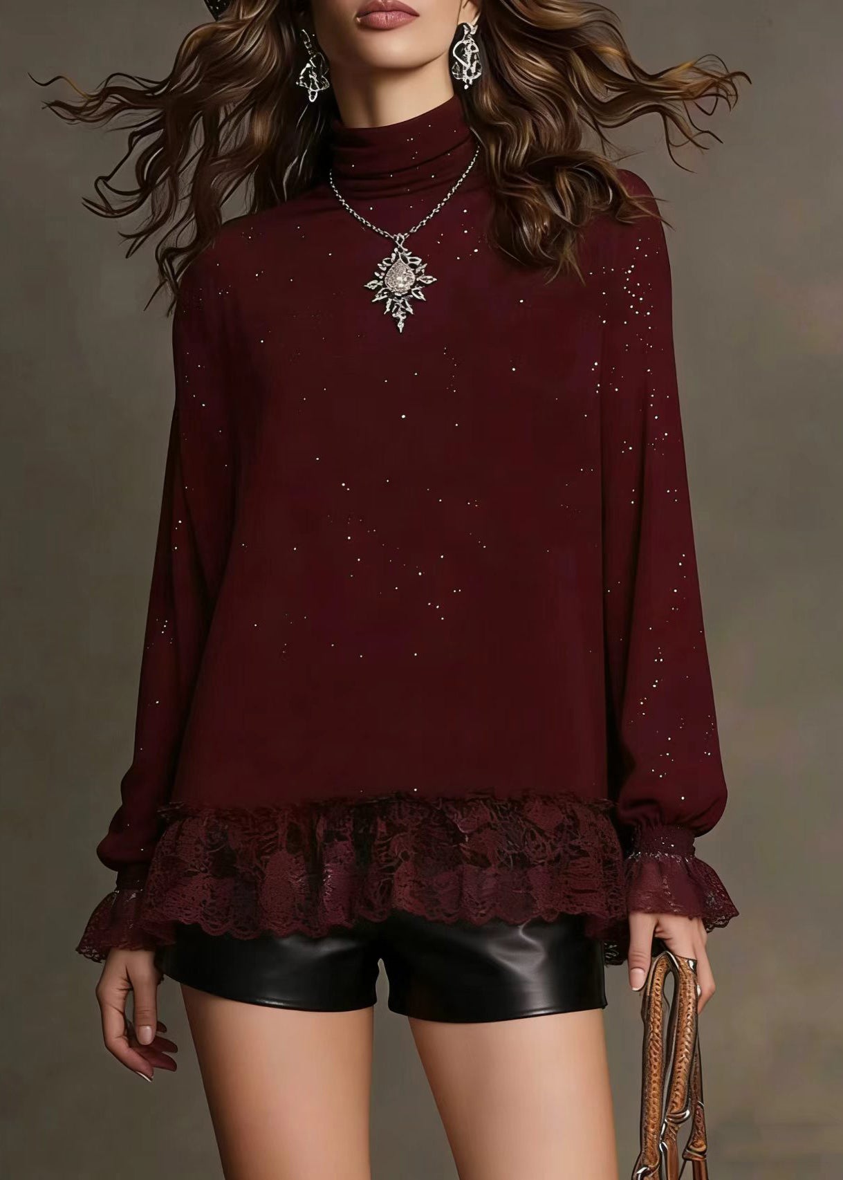 Classy Mulberry Sequins Patchwork Lace Knit Top Spring