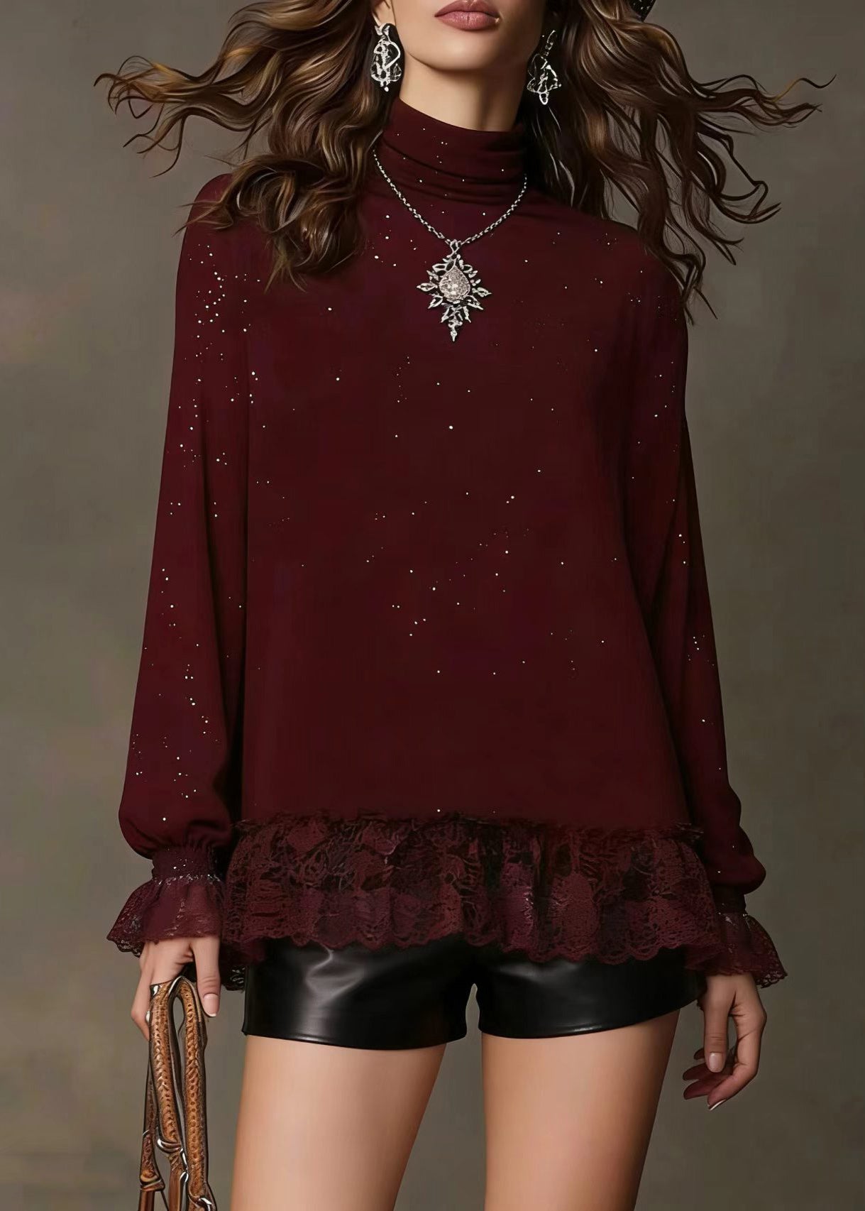 Classy Mulberry Sequins Patchwork Lace Knit Top Spring