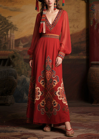 Classy Mulberry V Neck Print Chiffon Long Dress Fall