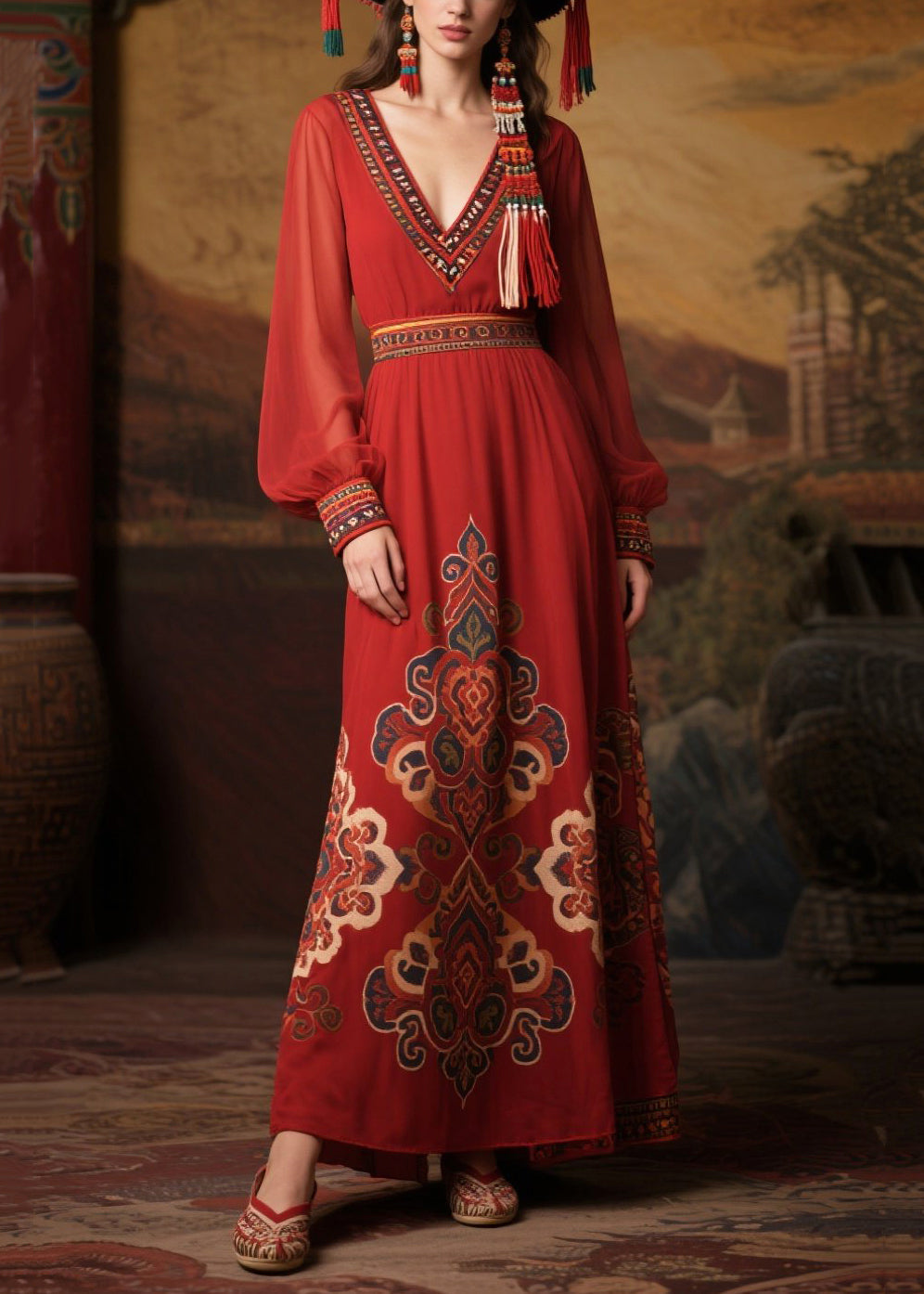 Classy Mulberry V Neck Print Chiffon Long Dress Fall