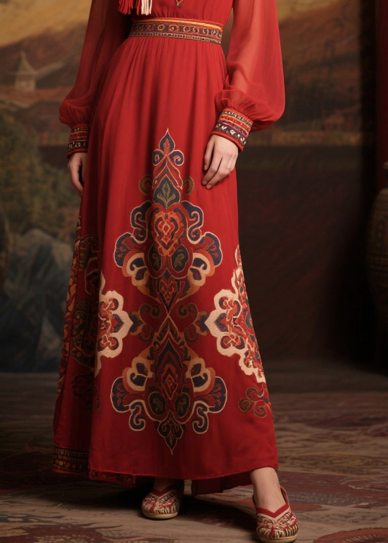 Classy Mulberry V Neck Print Chiffon Long Dress Fall