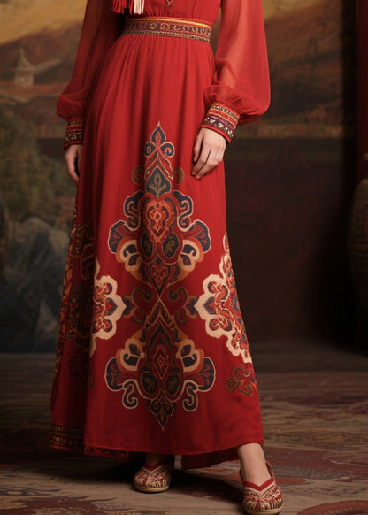 Classy Mulberry V Neck Print Chiffon Long Dress Fall