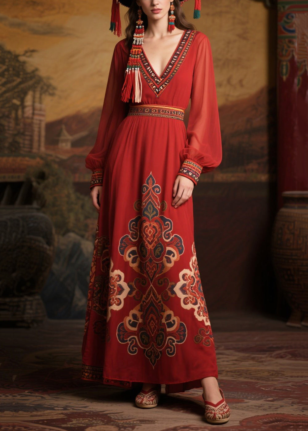 Classy Mulberry V Neck Print Chiffon Long Dress Fall