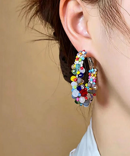 Classy Multicolor Alloy Crystal Beading Hoop Earrings