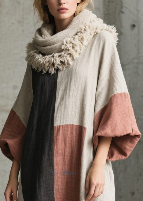 Classy Multicolor Oversized Cotton Long Dress Lantern Sleeve