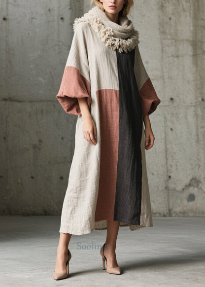 Classy Multicolor Oversized Cotton Long Dress Lantern Sleeve