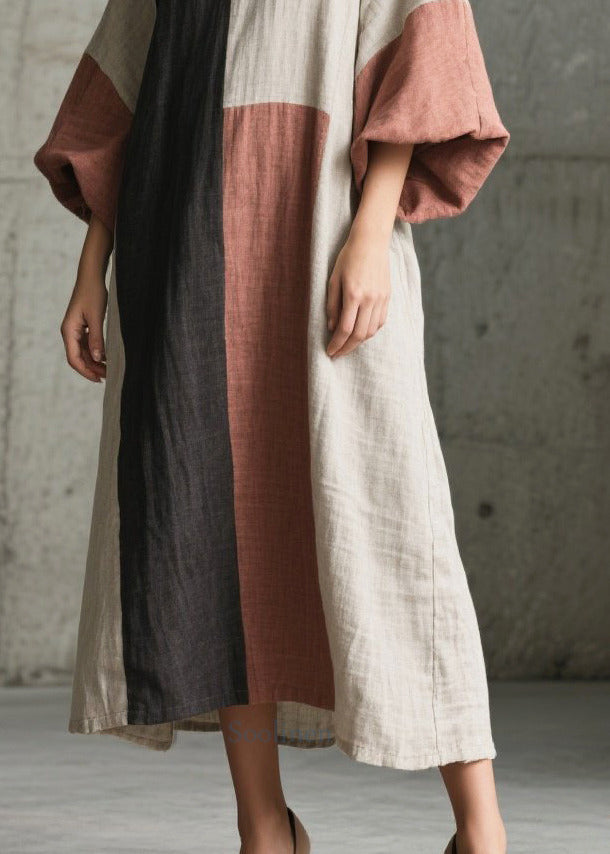 Classy Multicolor Oversized Cotton Long Dress Lantern Sleeve