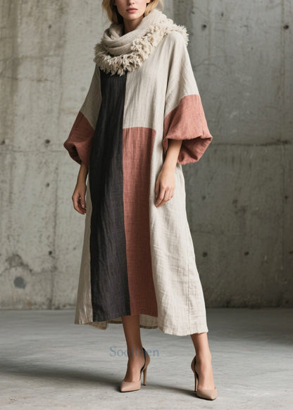 Classy Multicolor Oversized Cotton Long Dress Lantern Sleeve
