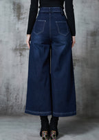 Classy Navy Embroidered Denim Wide Leg Pants Summer