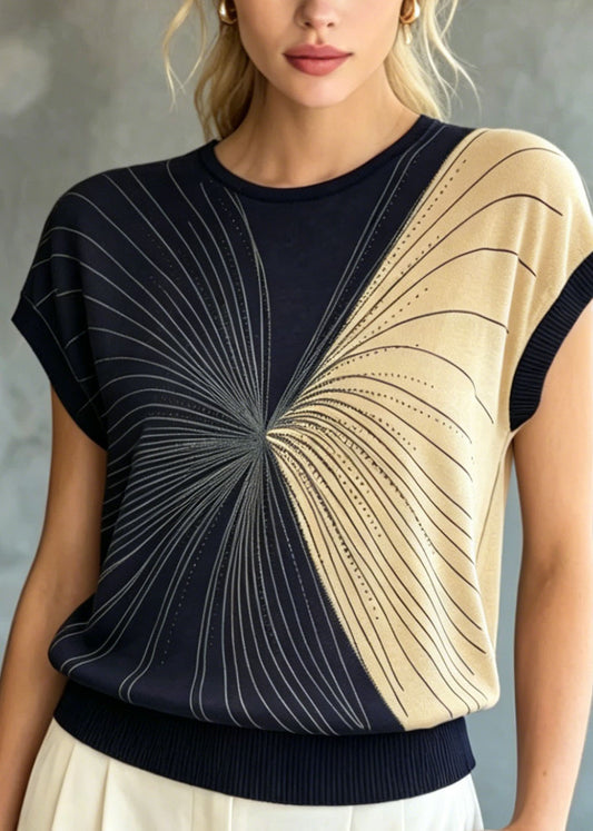 Classy Navy O Neck Zircon Ice Silk Knit Tops Summer