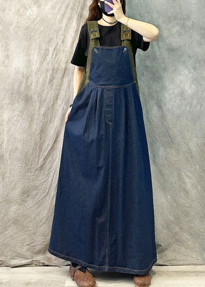 Classy Navy Oversized Patchwork Denim Straps Dresses Summer