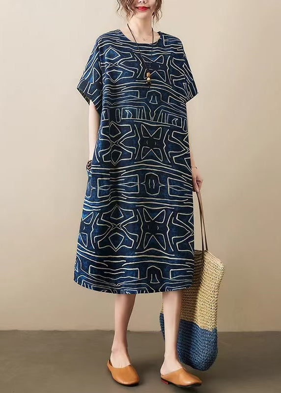 Classy Navy Oversized Print Linen Robe Dresses Summer