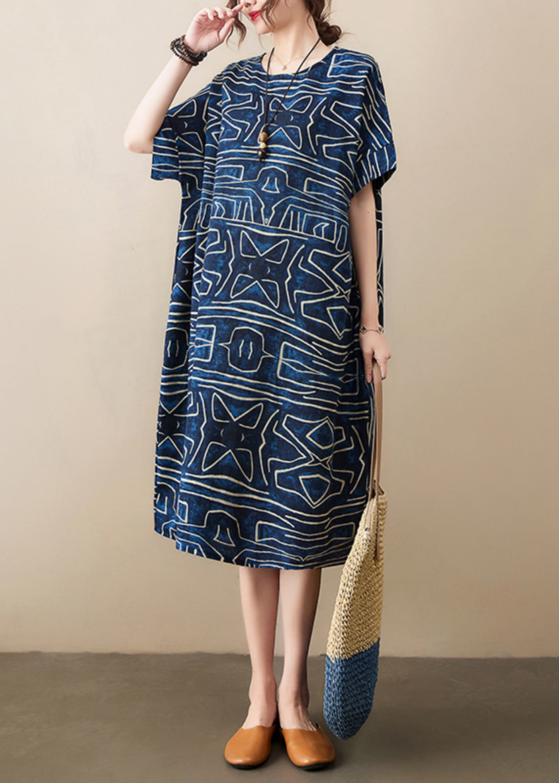 Classy Navy Oversized Print Linen Robe Dresses Summer