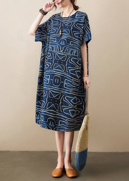 Classy Navy Oversized Print Linen Robe Dresses Summer