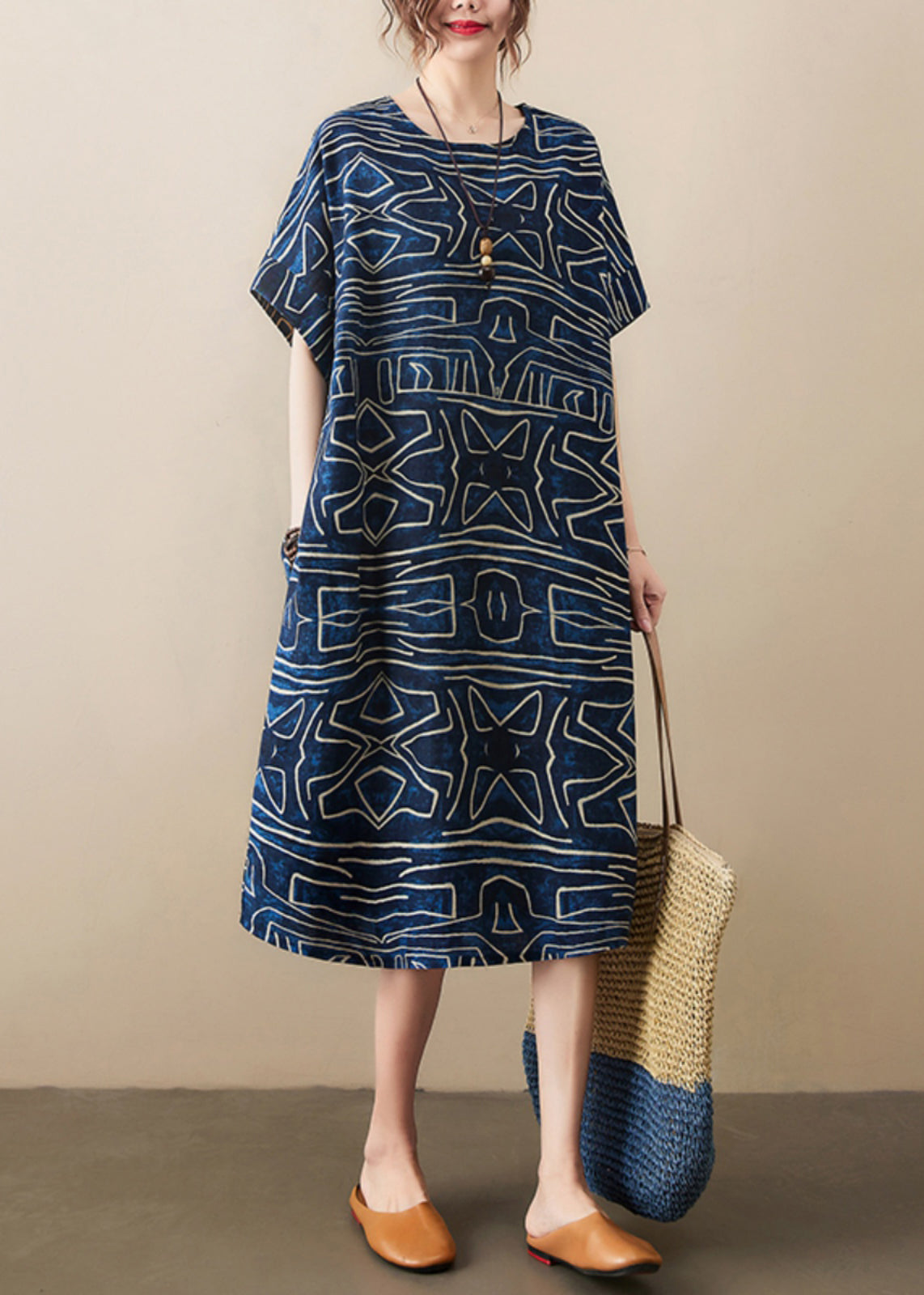 Classy Navy Oversized Print Linen Robe Dresses Summer