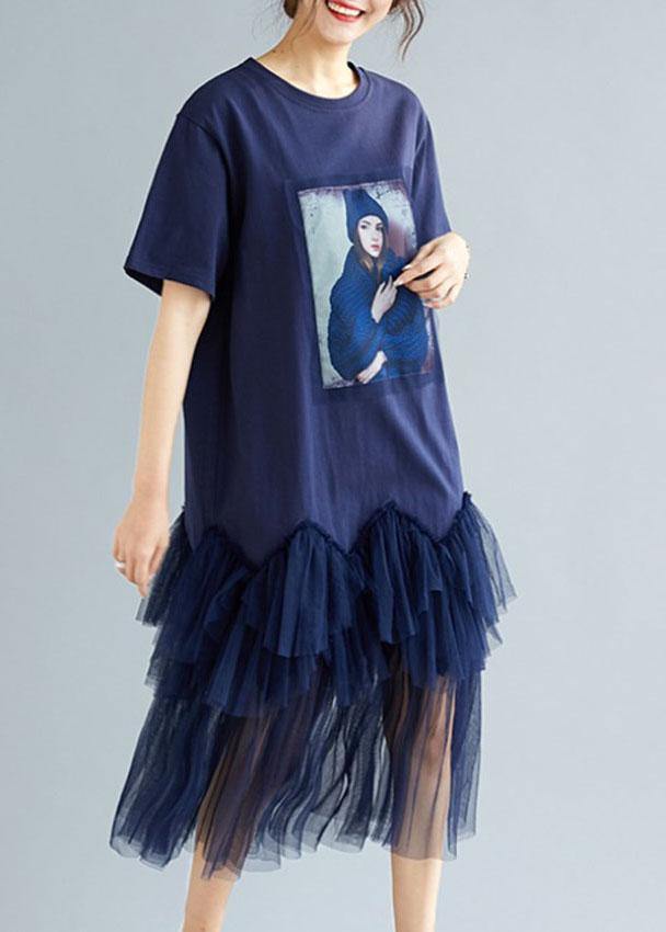 Classy Navy Patchwork Character Pattern Short Sleeve Robe Dresses - SooLinen