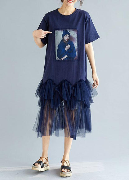 Classy Navy Patchwork Character Pattern Short Sleeve Robe Dresses - SooLinen