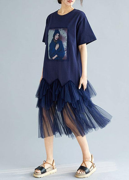 Classy Navy Patchwork Character Pattern Short Sleeve Robe Dresses - SooLinen