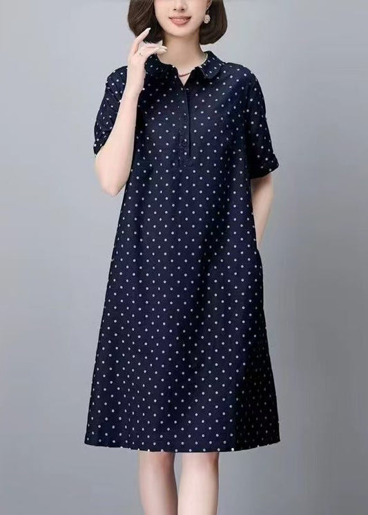 Classy Navy Peter Pan Collar Dot Pring Cotton Mid Dress Summer