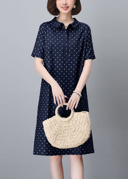 Classy Navy Peter Pan Collar Dot Pring Cotton Mid Dress Summer