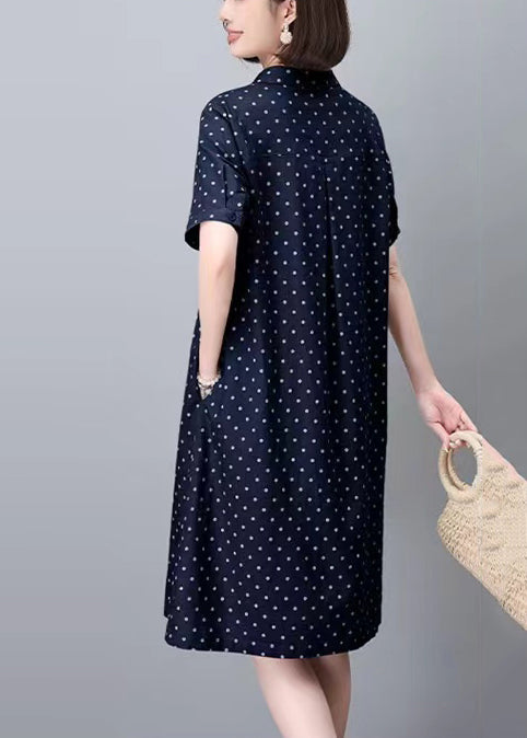 Classy Navy Peter Pan Collar Dot Pring Cotton Mid Dress Summer