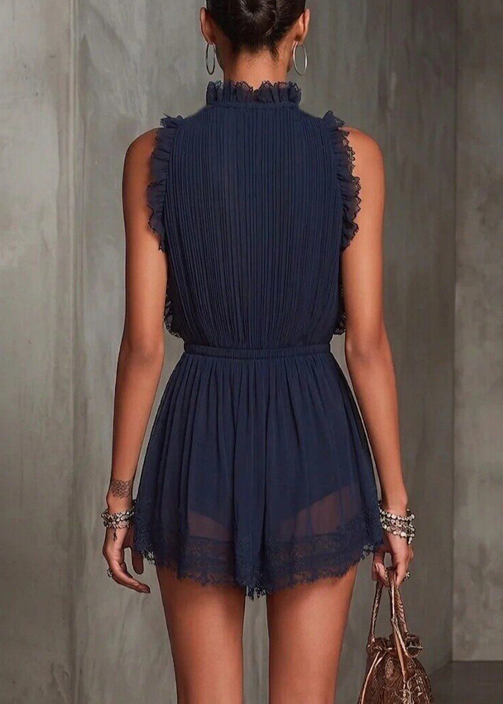 Classy Navy Ruffled V Neck Patchwork Lace Mini Dress Sleeveless