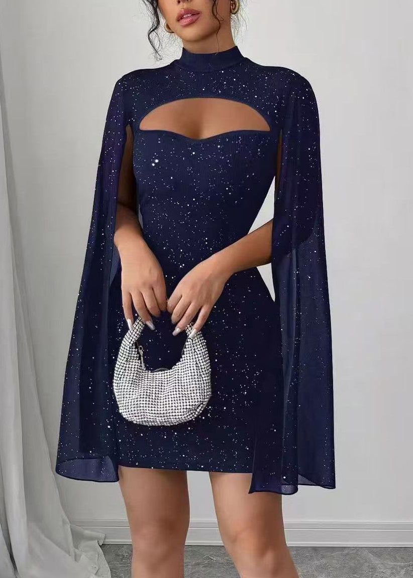 Classy Navy Sequins Hollow Out Dinner Dress Cloak Sleeves