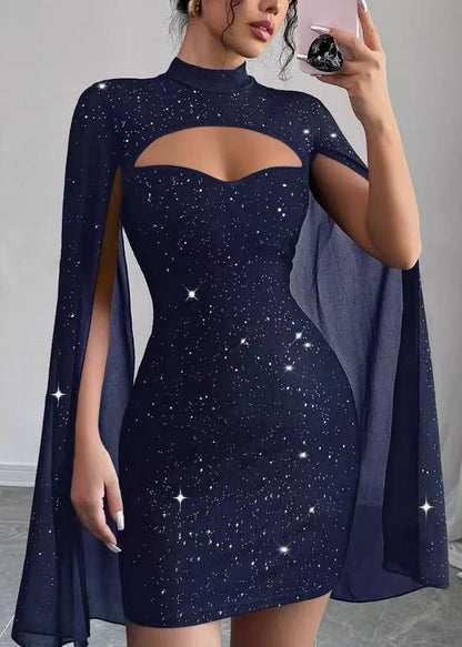 Classy Navy Sequins Hollow Out Dinner Dress Cloak Sleeves