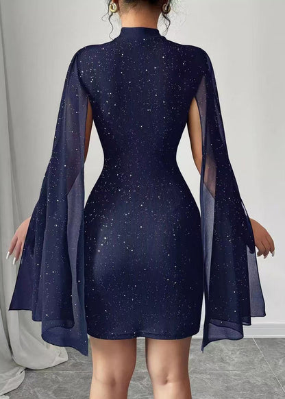 Classy Navy Sequins Hollow Out Dinner Dress Cloak Sleeves