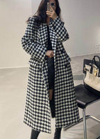 Classy Notched Pockets Double Breast Plaid Woolen Coat Fall