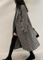 Classy Notched Pockets Double Breast Plaid Woolen Coat Fall