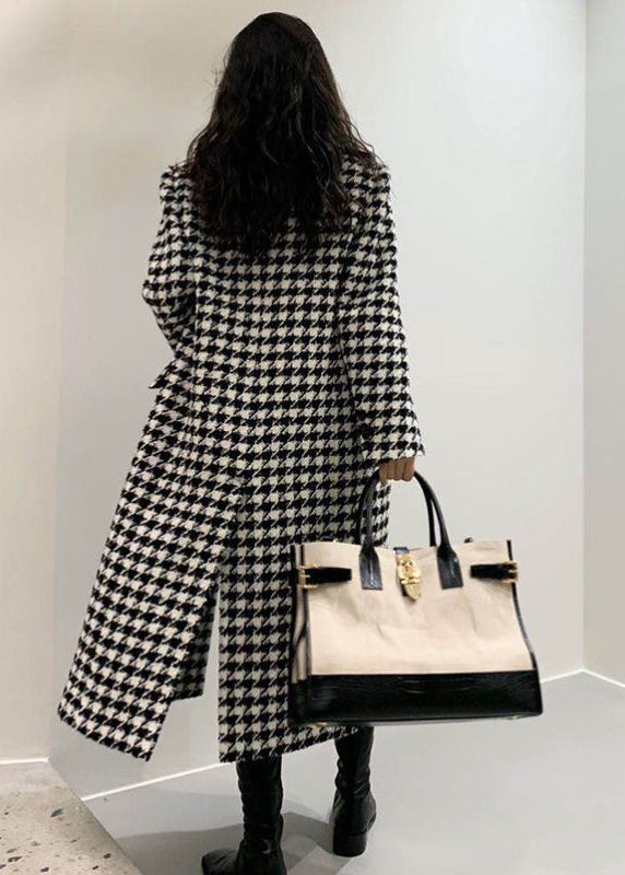 Classy Notched Pockets Double Breast Plaid Woolen Coat Fall