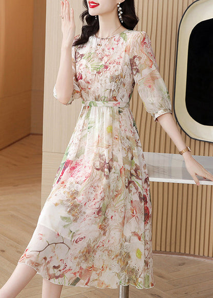 Classy O-Neck Cinched Print Silk Maxi Dress Summer
