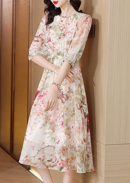 Classy O-Neck Cinched Print Silk Maxi Dress Summer