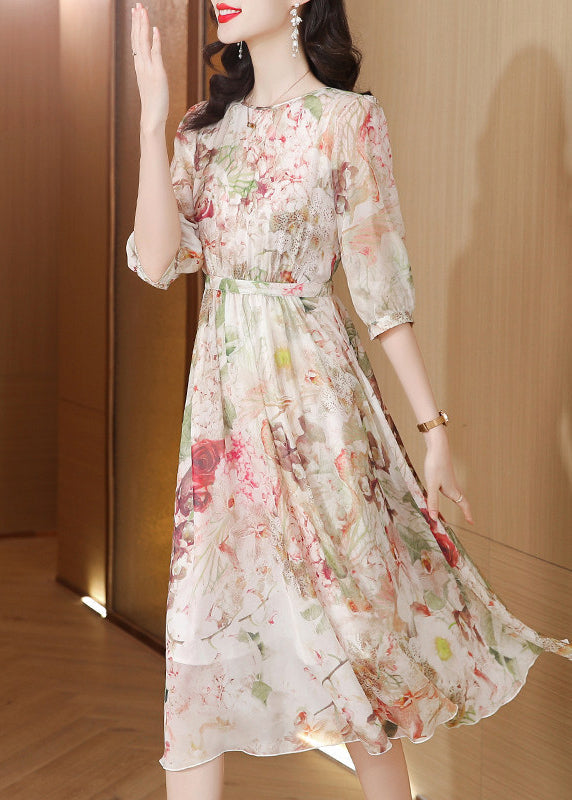Classy O-Neck Cinched Print Silk Maxi Dress Summer