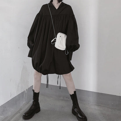 Classy O Neck Drawstring Tunics Sleeve Black Dress - SooLinen