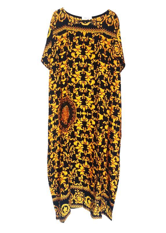Retro Caftans Yellow Print Long Dresses - SooLinen
