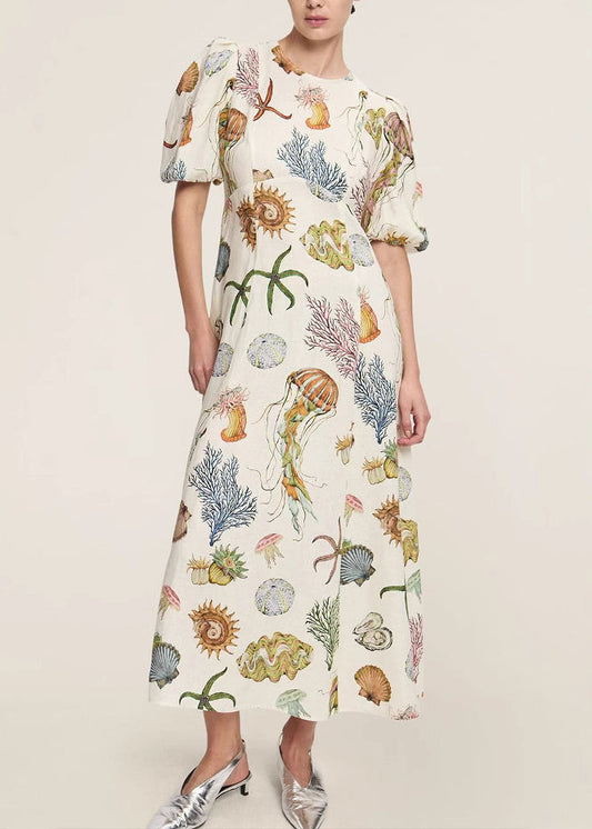 Classy O-Neck Print Tunic Long Dress Short Sleeve