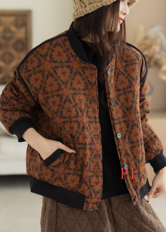 Classy Orange Oversized Print Fine Cotton Filled Coats Winter