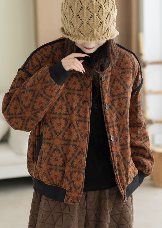 Classy Orange Oversized Print Fine Cotton Filled Coats Winter