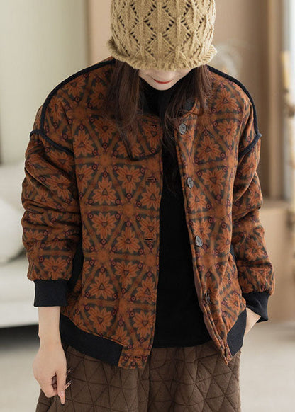 Classy Orange Oversized Print Fine Cotton Filled Coats Winter