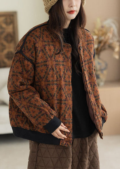Classy Orange Oversized Print Fine Cotton Filled Coats Winter