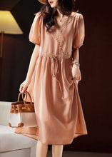 Load image into Gallery viewer, Classy Orange V Neck Hollow Out Patchwork Tie Waist Silk Long Dresses Short Sleeve