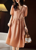 Classy Orange V Neck Hollow Out Patchwork Tie Waist Silk Long Dresses Short Sleeve