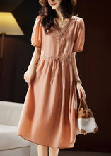 Load image into Gallery viewer, Classy Orange V Neck Hollow Out Patchwork Tie Waist Silk Long Dresses Short Sleeve