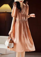 Load image into Gallery viewer, Classy Orange V Neck Hollow Out Patchwork Tie Waist Silk Long Dresses Short Sleeve